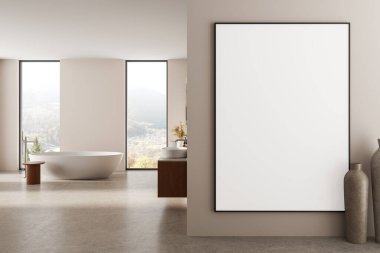 Modern minimalist banyo içinde boş poster modeli büyük pencereli, temiz nötr duvarlı, parlak doğal ışık, 3D tasarım, reklam konsepti