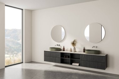Çift lavabo banyosu yeşil leğenler, yüzen koyu ahşap kibir, minimalist dekor, büyük yuvarlak aynalar, beton zemin, beyaz duvar, modern iç mekan. 3B Hazırlama