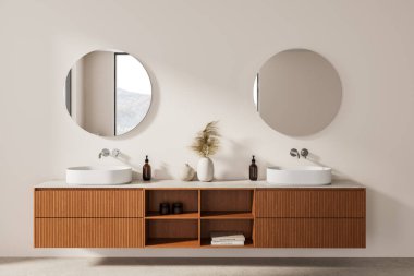 Çift beyaz lavabo yüzen ahşap bir gösteriş, iki yuvarlak ayna, tarafsız arka plan, modern minimalist banyo konsepti. 3B Hazırlama