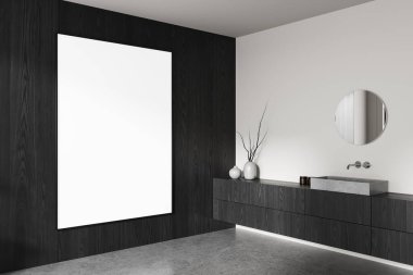 Minimalist modern bir banyoda, boş ahşap duvarda boş poster modeli, temiz beton zemin, vazolu zarif dekor, 3 boyutlu tasarım, tasarım konsepti.