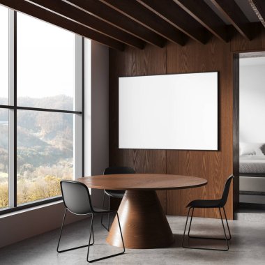 Yuvarlak masa ve sandalyeli modern minimalist bir iç mekanda tahta bir duvara boş bir poster modeli, geniş pencere manzarası, temiz bir düzen, 3D canlandırma