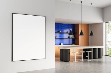 Boş çerçeveli poster modeli modern mutfak iç dekorasyonunda, minimalist mobilyalar, mavi fayanslı arka kaplama, ve parlak 3D tasarım