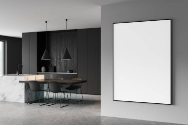 Mermer adalı modern iç mutfak, kolye ışıkları, ve gri duvarda boş poster çerçevesi, 3D tasarım, zarif ev sunumu konsepti