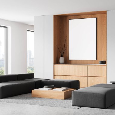 Ahşap duvarında boş bir poster, minimalist mobilyalar, temiz bir düzen, aydınlık arka plan, gösterim ve sunum konsepti olan boş modern iç mekan. 3B Hazırlama