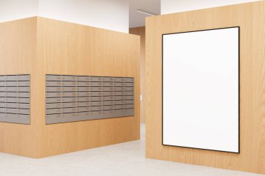Modern iç lobi, aydınlık ahşap panelli duvarlar, metalik posta kutuları ve tabela veya reklam için boş dikey çerçeve, 3D oluşturma