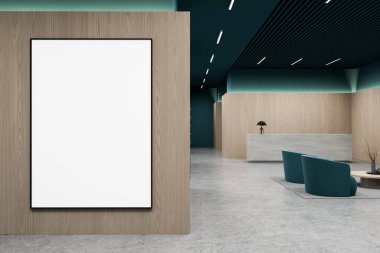 Modern iç tasarımda boş dikey poster modeli, tahta bir duvara çerçevelenmiş, deniz mavisi aksanlı parlak bir karşılama düzeni. 3B Hazırlama