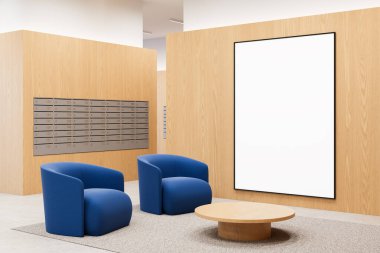 Boş modern iç döşeme, tahta duvarda boş dikey poster, iki mavi koltuk, halının üzerinde yuvarlak ahşap masa, ürün modeli için temiz bir düzen. 3B Hazırlama