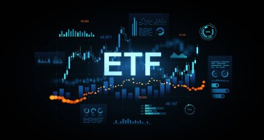 Parlayan şamdan grafikleri, analitik simgeleri ve koyu arkaplanda gelecekteki UI elemanları olan dijital ETF ticaret kavramı. Finans kavramı. 3B Hazırlama