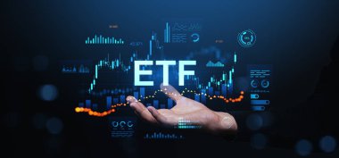 Dijital borsa grafikleri, grafikleri ve istatistikleri olan parıldayan ETF metni, koyu arkaplan üzerindeki fütüristik tarzı, yatırım stratejisi kavramı