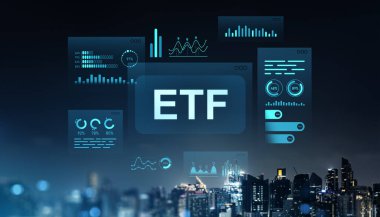 Fütürist ETF finansal gösterge paneli. Gece şehrinin ufuk çizgisi üzerinde dijital arayüz üzerinde parlayan grafikler ve grafikler. Modern yatırım kavramı.