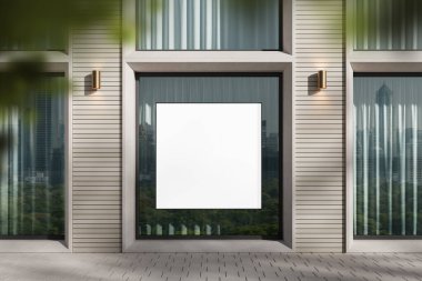 Şehir manzarası yansımaları olan, temiz çizgiler ve dokularla çevrili, modern bir binanın cam cephesinde boş kare ilan panosu. 3B Hazırlama