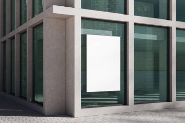 Temiz modern bina duvarında dikey boş poster modeli, gerçekçi 3D biçimlendirme tarzı, beton ve cam arka planlı, reklam düzeni konsepti