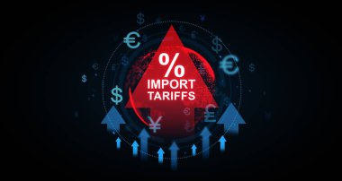 Koyu arkaplan üzerinde çeşitli para birimi sembolleri ve mavi oklarla çevrili ithal tarifeleri olan kırmızı yukarı doğru ok, fütürist ekonomi kavramı, 3D yorumlama