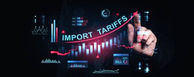 İthalat tarifeleri büyüme grafiklerine işaret eden işadamı dijital finansal veriler, fütüristik stil, karanlık geçmiş, ticaret savaşı ve ekonomik büyüme kavramı