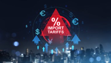 İthalat tarifeleri metni ve para birimi simgeleriyle çevrili kırmızı üçgen, artan ticaret savaşı ve büyümeyi sembolize ediyor.