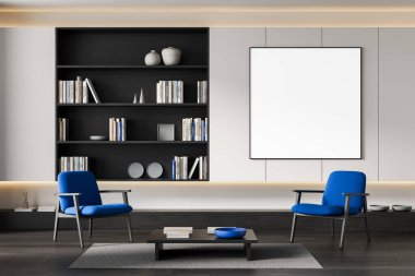 Duvarında boş poster olan çağdaş bir oturma odası, modern mobilyalar, dahili kitaplık, temiz bir düzen, yumuşak ışıklandırma. 3B Hazırlama