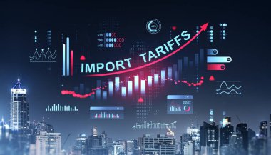 Finansal grafikler, fütüristik dijital grafik tarzı, gece şehir silüeti, küresel ekonomi kavramı ile gösterilen artan ithalat tarifeleri kavramı