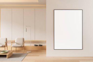 Boş çerçeveli poster modeli modern minimalist oturma odasındaki boş bej duvarda ahşap mobilyalar ve yumuşak ışık, iç tasarım konsepti. 3B Hazırlama