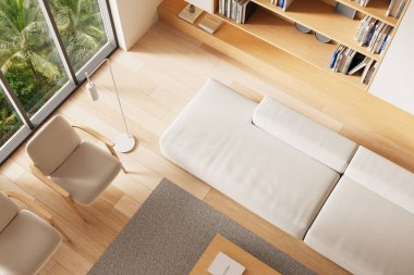 Çağdaş modern iç döşeme, beyaz mobilyalar, açık kitaplık, yer lambası ve dışarıda tropikal manzara. 3B Hazırlama