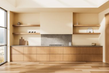 Modern mutfak iç mimarisi, açık ahşap dolaplar, bej duvarlar, taş tezgah ve parlak arka planda minimalist tarzda açık raflar. 3B Hazırlama