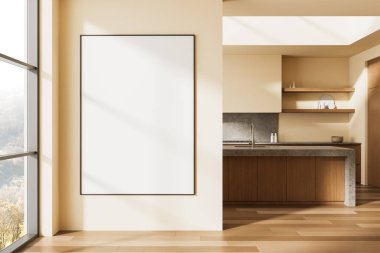 Minimalist mutfak içi boş dikey poster çerçevesi, temiz bej duvarlar, ahşap döşemeler ve modern mobilyalar. 3B Hazırlama