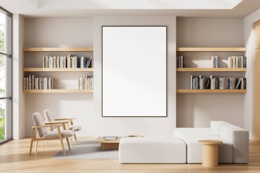 Beyaz mobilyaları, ahşap kitaplıkları ve tarafsız duvarda geniş dikey boş çerçevesi olan zarif modern iç tasarımı, minimalist tasarımın 3 boyutlu.