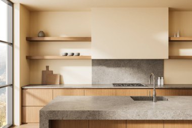 Ahşap dolapları, açık rafları ve gün ışığında taş tezgahları olan minimalist bir mutfağın modern iç tasarımı. 3B Hazırlama