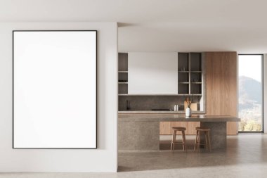 Beyaz duvarda, ahşap ve taş mobilyalar, doğal ışıklandırma, 3 boyutlu döşeme ile dekore edilmiş, şık, minimalist mutfak iç dekorasyonunda büyük, dikey, boş bir poster modeli.
