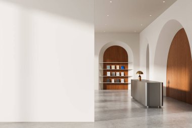 Kemerli ahşap aksanlı modern iç döşeme, kitap sergisi ve yumuşak tavan lambaları altında cilalanmış beton zeminde metal tezgah. 3B Hazırlama