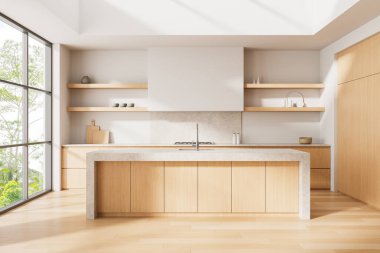 Ahşap dolaplı parlak modern mutfak, taş tezgahlar, açık raflar ve gün ışığında büyük cam pencereler. 3B Hazırlama
