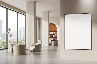 Koltukları, uzun pencereleri ve şehir manzarası olan modern iç mekan, 3D biçimlendirme tarzı, tarafsız ton arka planı, lüks salon veya ofis alanı kavramı