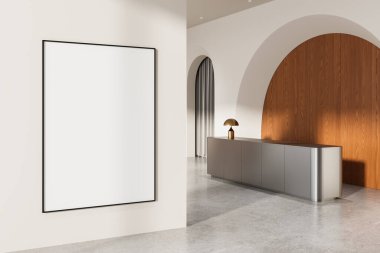 Minimalist mobilyalarla modern iç mekan, kemerli mimari ve temiz bir ortamda boş bir poster. Tarafsız arkaplanda 3B görüntüleme