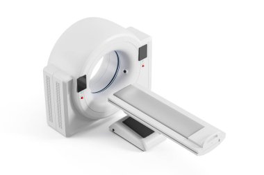 Pürüzsüz modern tasarımı olan tıbbi CT tarayıcı makinesi, gerçekçi 3D oluşturma biçimi, beyaz arka planda izole edilmiş, sağlık ve tanı konsepti