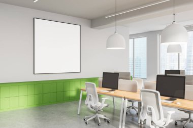 Modern bir ofis içinde beyaz bir duvarda boş bir poster modeli, yeşil dolaplar, minimalist mobilyalar, büyük pencereler, parlak gün ışığı, 3D görüntüleme