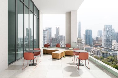 Yüksek binalı modern mobilyaları olan teras, minimalist iç mekan stili, şehir manzarası arka planı, şehir dışı çalışma alanı konsepti, 3D oluşturma