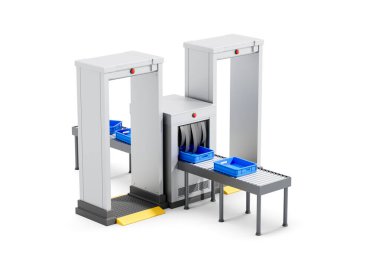 Havalimanı güvenlik kontrol noktası bagaj tarayıcısı, mavi tepsiler ve 3 boyutlu metal detektör kapıları izole edilmiş beyaz arka plan, güvenlik kavramı