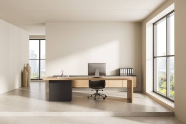 Çağdaş ofis içi ahşap mobilya ve şehir manzaralı geniş pencereler, minimalist stil, nötr ışık arkaplan, çalışma alanı konsepti, 3D oluşturma