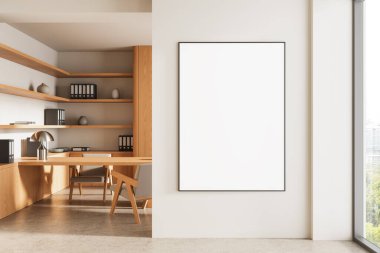 Çağdaş ofis içi ahşap masa, raflar ve pencerenin önündeki beyaz duvarda geniş boş çerçeve, modern çalışma alanı kavramının 3 boyutlu canlandırması