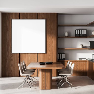 Ahşap masa, bej sandalyeler ve tahta duvar panelinde boş kare çerçeve ile modern ofis toplantı odası, minimalist 3D oluşturma