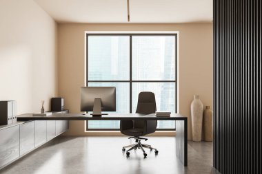 Modern ofis içi modern masa, sandalye ve bilgisayar, büyük pencerenin önünde, bej duvarlar ve beton zemin üzerinde. 3B Hazırlama