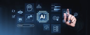 Bir insan eli, parlayan mavi yapay zeka ve sohbet robotları, devre çipleri ve karanlık arkaplandaki bulut konseptiyle dijital arayüzü gösterir.