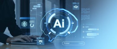 Parlak yapay zeka arayüzü, fütüristik dijital UI, ofis geçmişi, yapay zeka kavramı olan kişi.