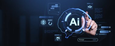 İnsan eli, karanlık arka planda yapay zeka ve teknoloji kavramlarını sembolize ederek fütüristik yapay zeka arayüzü ile etkileşime giriyor.