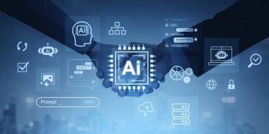 Yapay zeka simgeleri, semboller ve sohbet arayüzü ile mavi gradyan arka planda el sıkışan iki kişi, dijital işbirliği kavramı