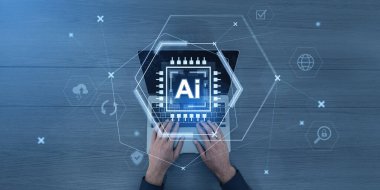 Eller dizüstü bilgisayarda parlayan ai hologram arayüzü, dijital stil, ahşap zemin üzerinde yazıyor. Modern yapay zeka teknolojisi kavramı