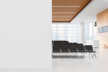 Modern iç tasarıma sahip boş havaalanı terminali, boş duvar modeli, temiz oturma düzeni, parlak arka plan, yaratıcı poster veya ekran konsepti. 3B Hazırlama