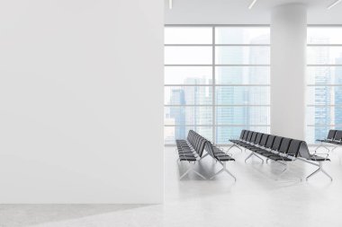 Temiz boş duvar ve sıra sıra koltukları olan boş modern iç mekan, 3D biçimlendirme stili, şehir manzaralı parlak arkaplan, alan ve düzen kavramı