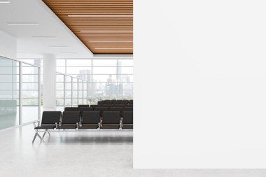 Modern havaalanı içi gri koltuklu, ahşap kaplamalı tavan, geniş pencereli şehir manzaralı, önü beyaz duvarlı. Bekleyen seyahat kavramı. 3B Hazırlama