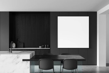 Modern mutfak ve yemek odası, karanlık kabin, mermer ada, duvarda boş kare tuval, minimalist tarzda, tarafsız arka planda. 3B Hazırlama