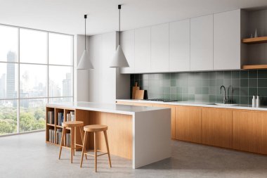 Ahşap mobilya, yeşil kiremit duvar ve beyaz zemin ile modern mutfak iç mimarisi. Lüks şehir evi kavramı. 3B Hazırlama